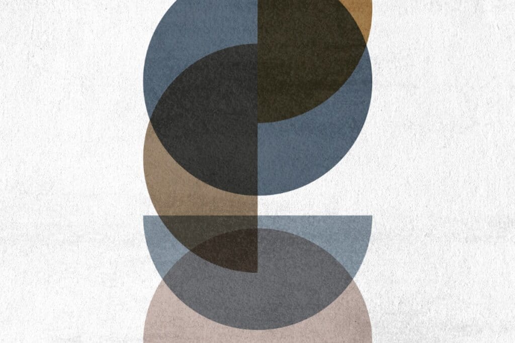 Abstract mid-century art with overlapping geometric moon shapes representing balance in labor law